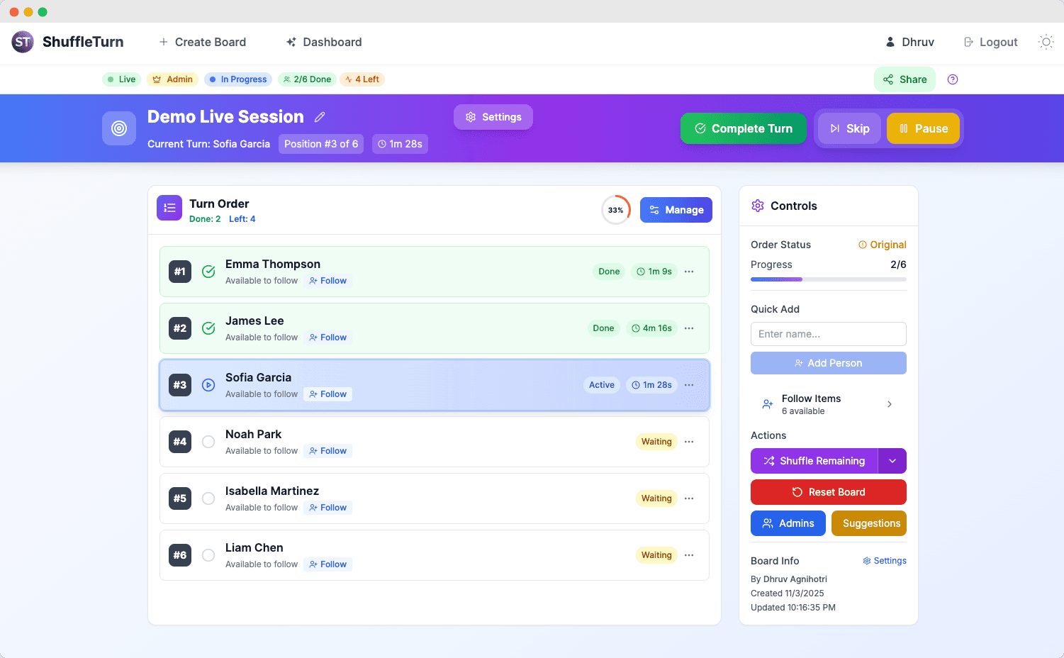 ShuffleTurn Interactive Demo Board - Live turn management in action